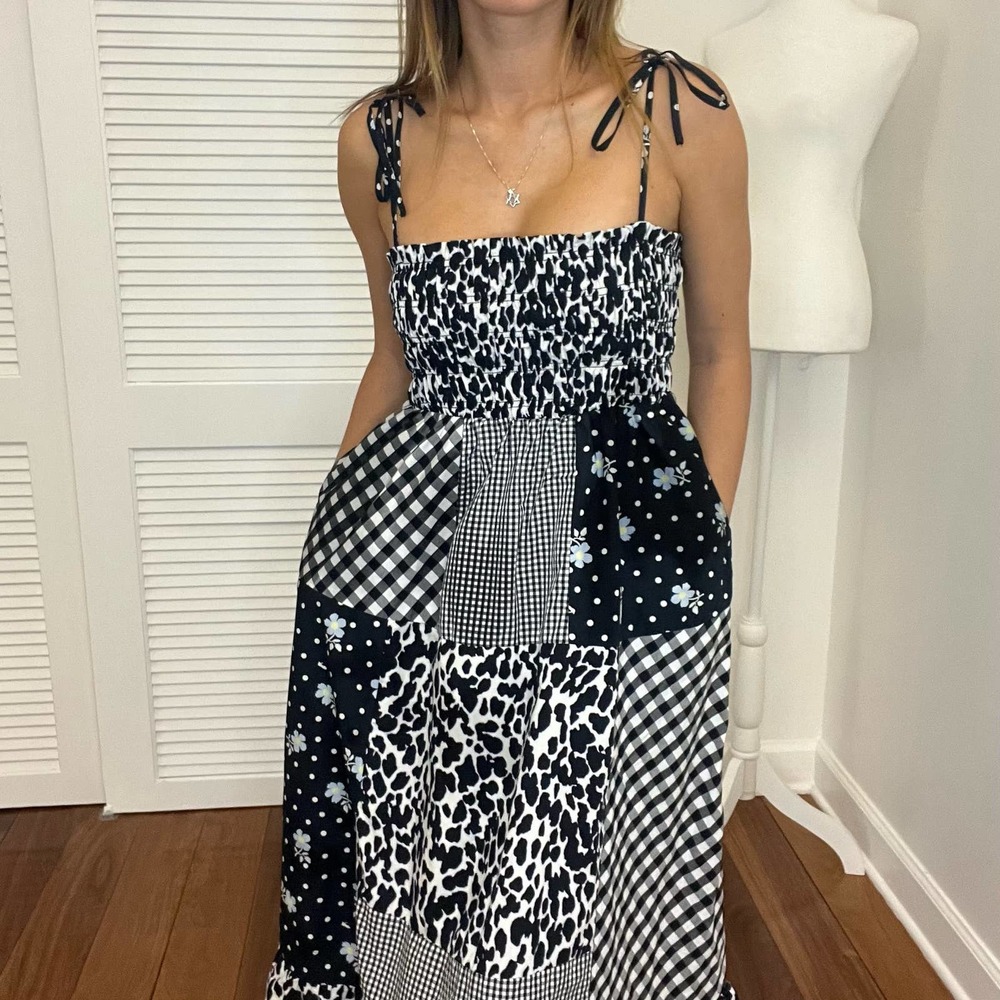 Sandy Liang patch work and floral midi dress summer flowy with ruffles